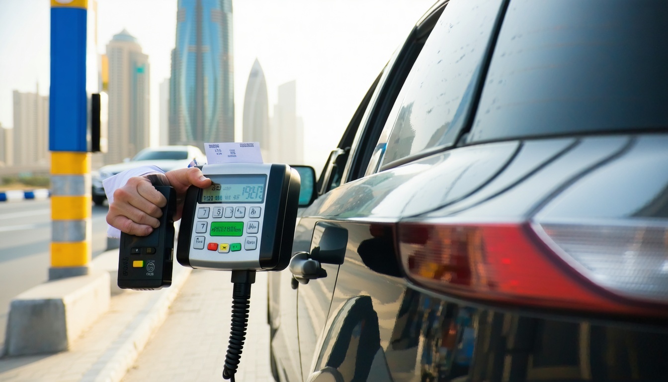 Driver using electronic toll payment device in Dubai