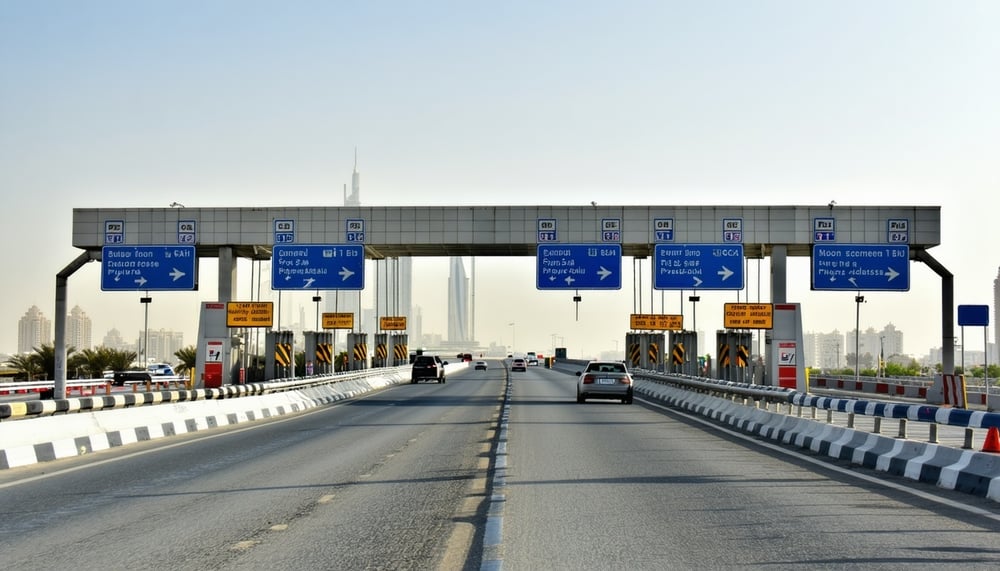 Dubai road toll gate with vehicles passing through Dubai road toll gate with vehicles passing through