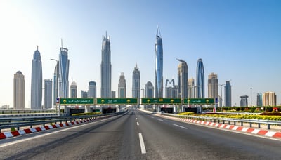Dubai skyline with road toll gate Dubai skyline with road toll gate