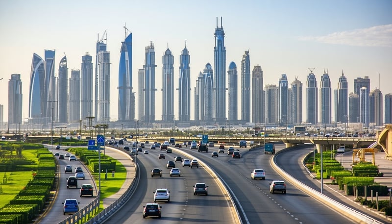 Dubai skyline with busy roads and modern infrastructure Dubai skyline with busy roads and modern infrastructure